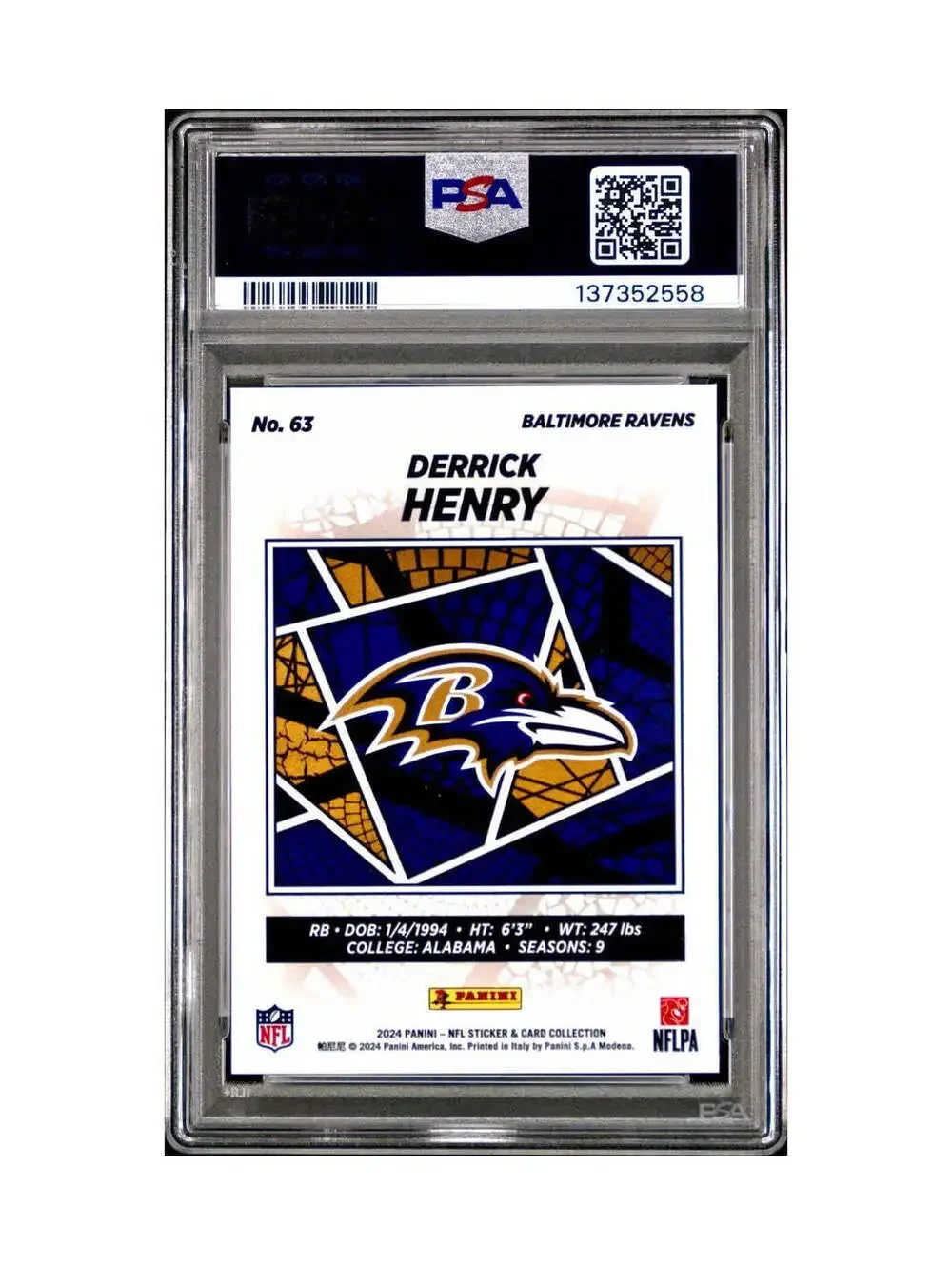 Derrick Henry 2024 Panini Sticker Collection 001/049 #63 Bronze Foil PSA 9 Mint